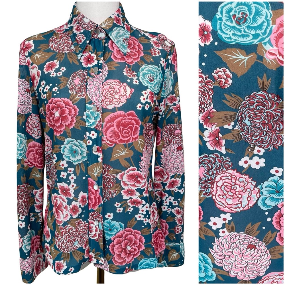 Vintage Personal Floral Button Up Shirt Womens M Teal Pink 70s Dagger Collar